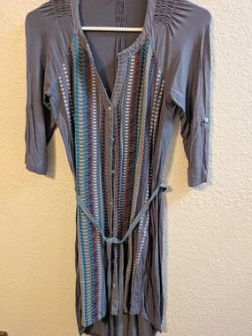 Anthropologie Tiny Brand Grey Stripe Boho Tunic Mini Dress Tie Waist, Size XS